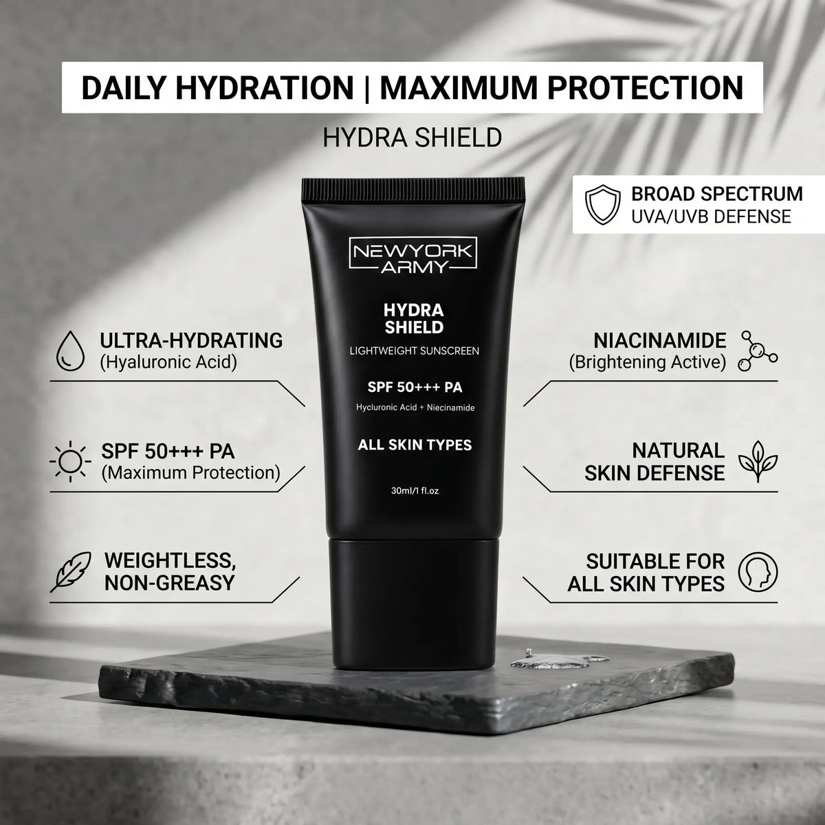Hydra Shield Sunscreen SPF50+++ PA – All Skin Types Newyork Army
