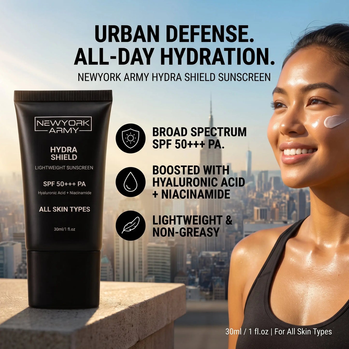 Newyork Army Hydra Shield Lightweight Sunscreen with Hyaluronic Acid + Niacinamide SPF50+++PA ALL Skin Types Newyork Army
